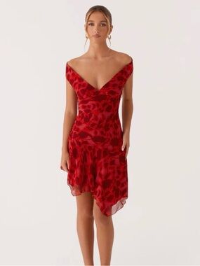 PepperMayo Alma Mini Dress Deep Red Floral Feminine Drop Waist NWT 4